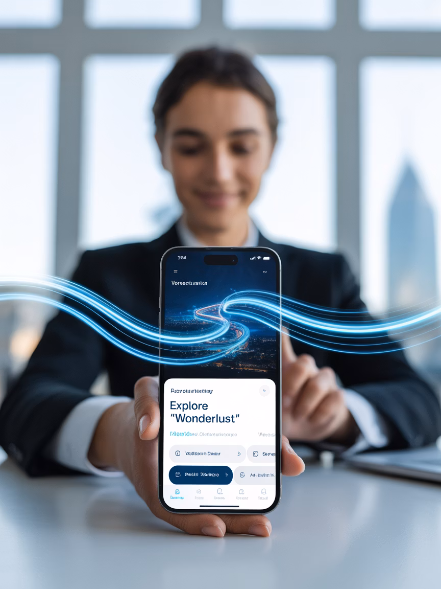 Person using a travel app on a smartphone with glowing lines