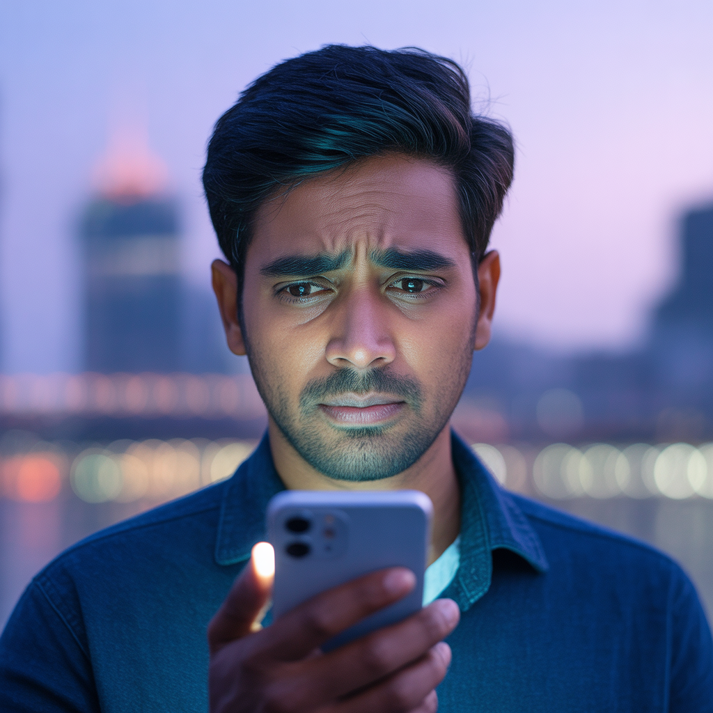 Aarav looking stressed while using his phone