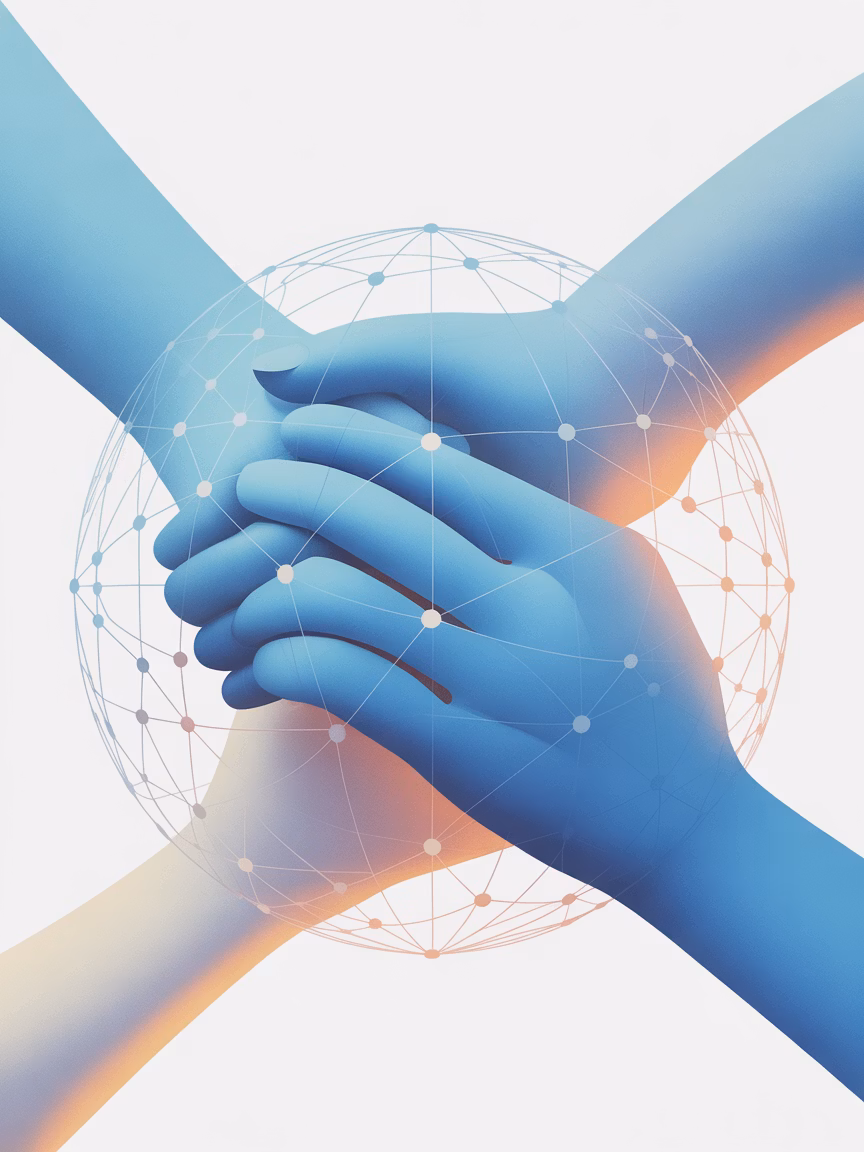 Hands connecting around a digital globe