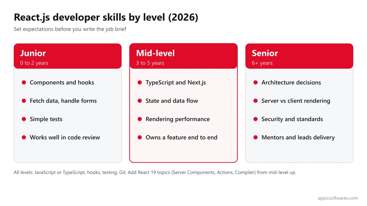 React.js developer skills by level: junior, mid-level and senior in 2026