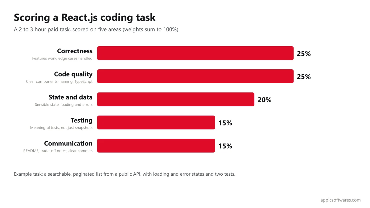 Scoring rubric for a React.js coding task: correctness, code quality, state and data, testing and communication
