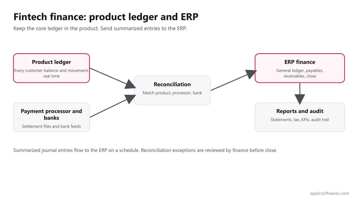Fintech finance architecture: product ledger, payment processor and bank feeds sending summarized entries to ERP finance and reporting